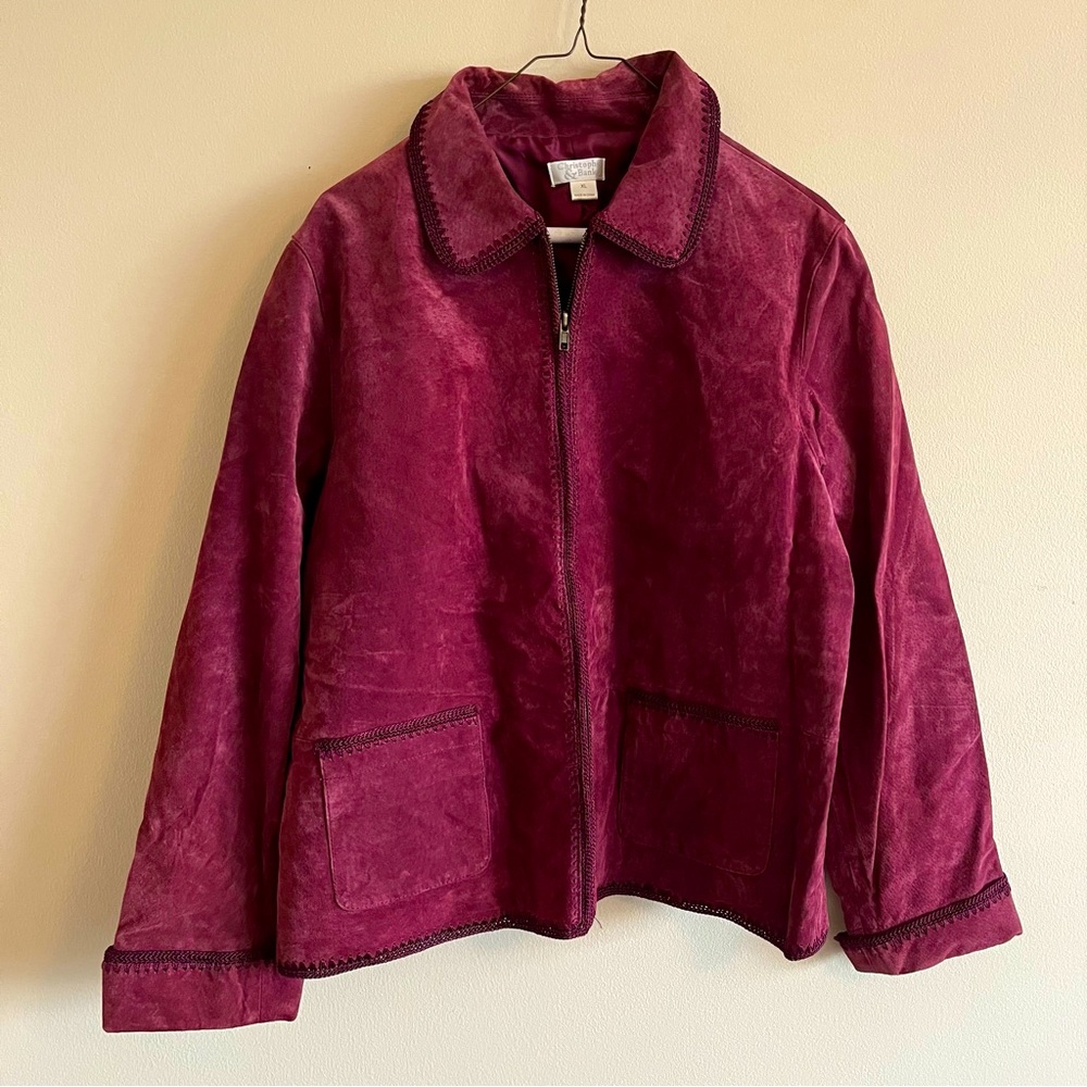 Christopher & Banks Women XL Leather Jacket Coat Full Zip Burgundy w/ Pockets